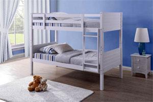 Wooden bunk beds with solid wooden ladder available in a durable white finish