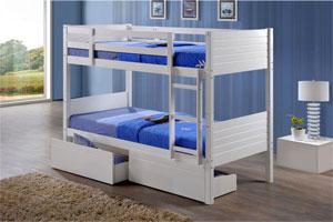 Wooden bunk beds with solid wooden ladder available in a durable white finish